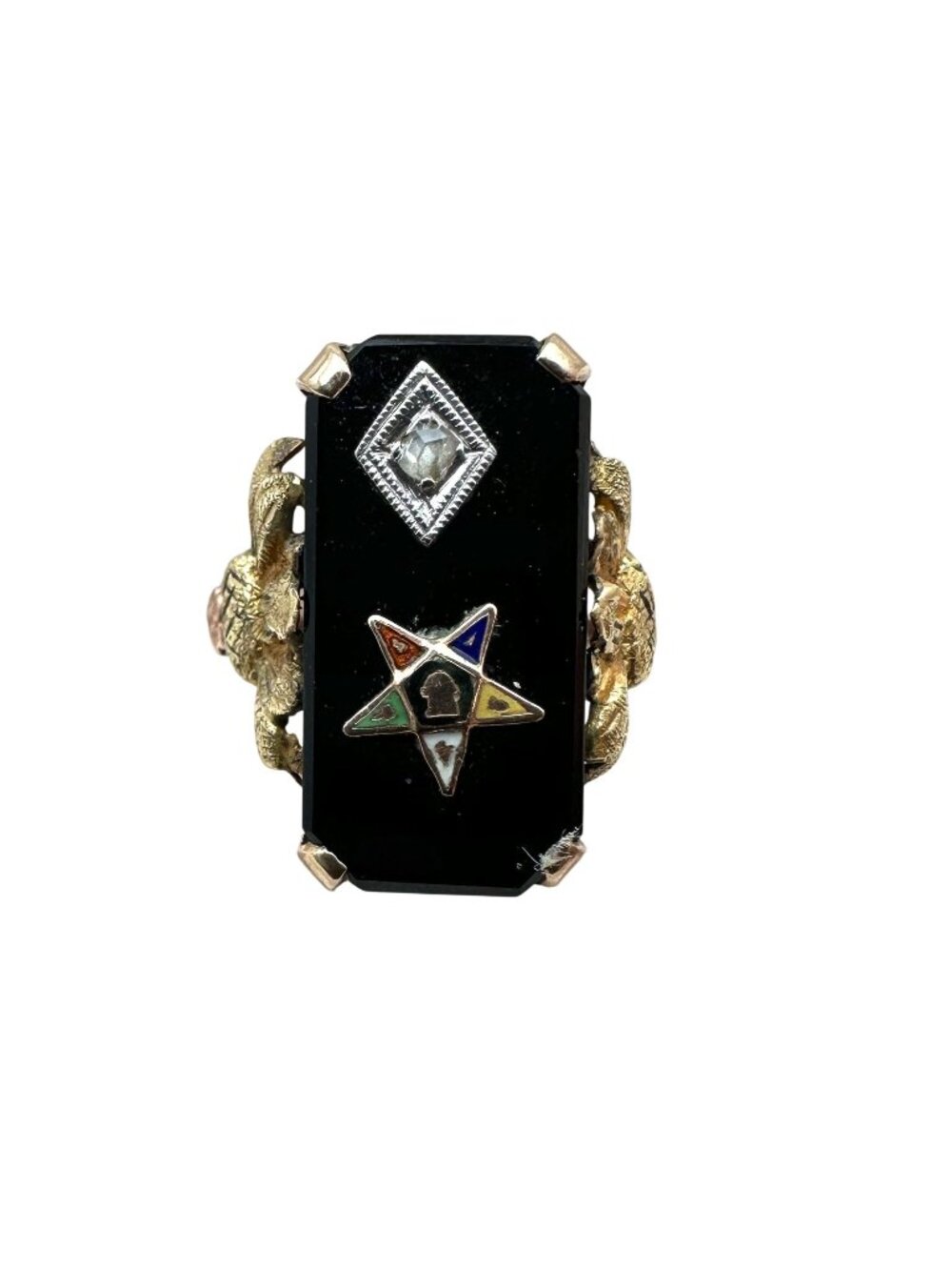 Antique Art Deco 10K Tri Color Gold Diamond Black Onyx Masonic Star Ring